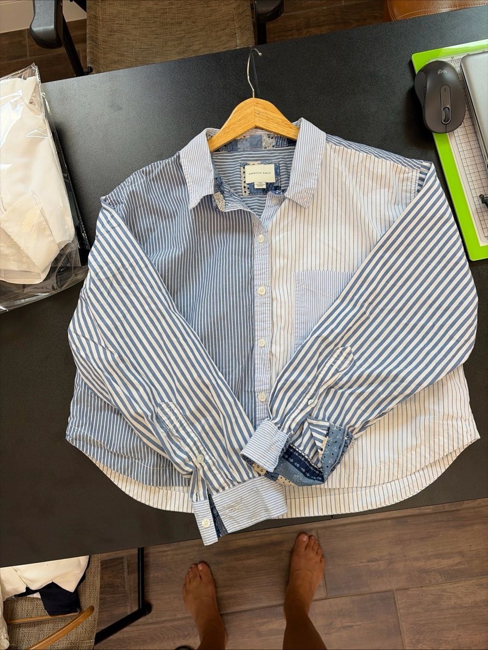 Striped Button-Up Crop Shirt in Blue and White Striped - Picture 9 of 11